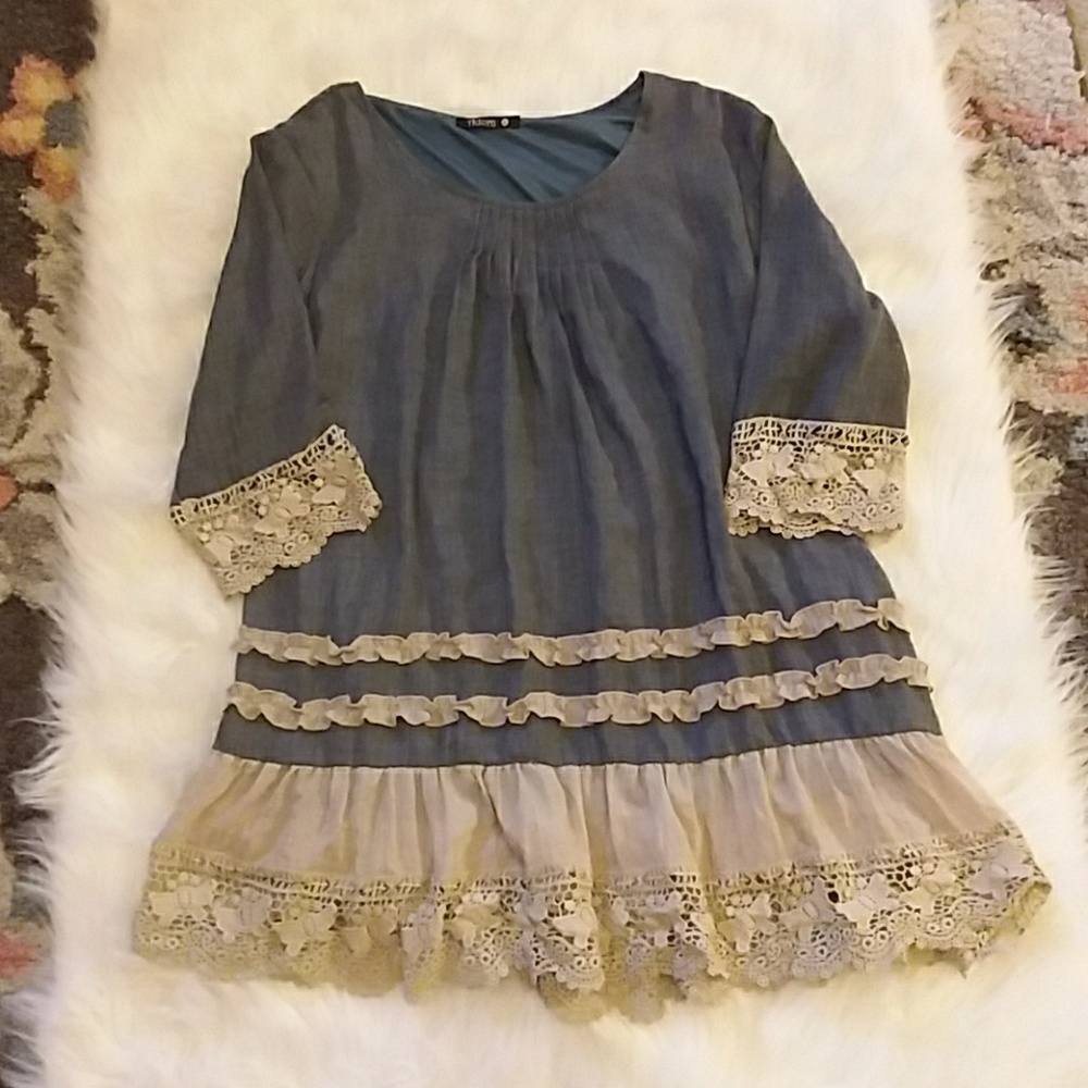 Blue Tunic with tea stained embellishments